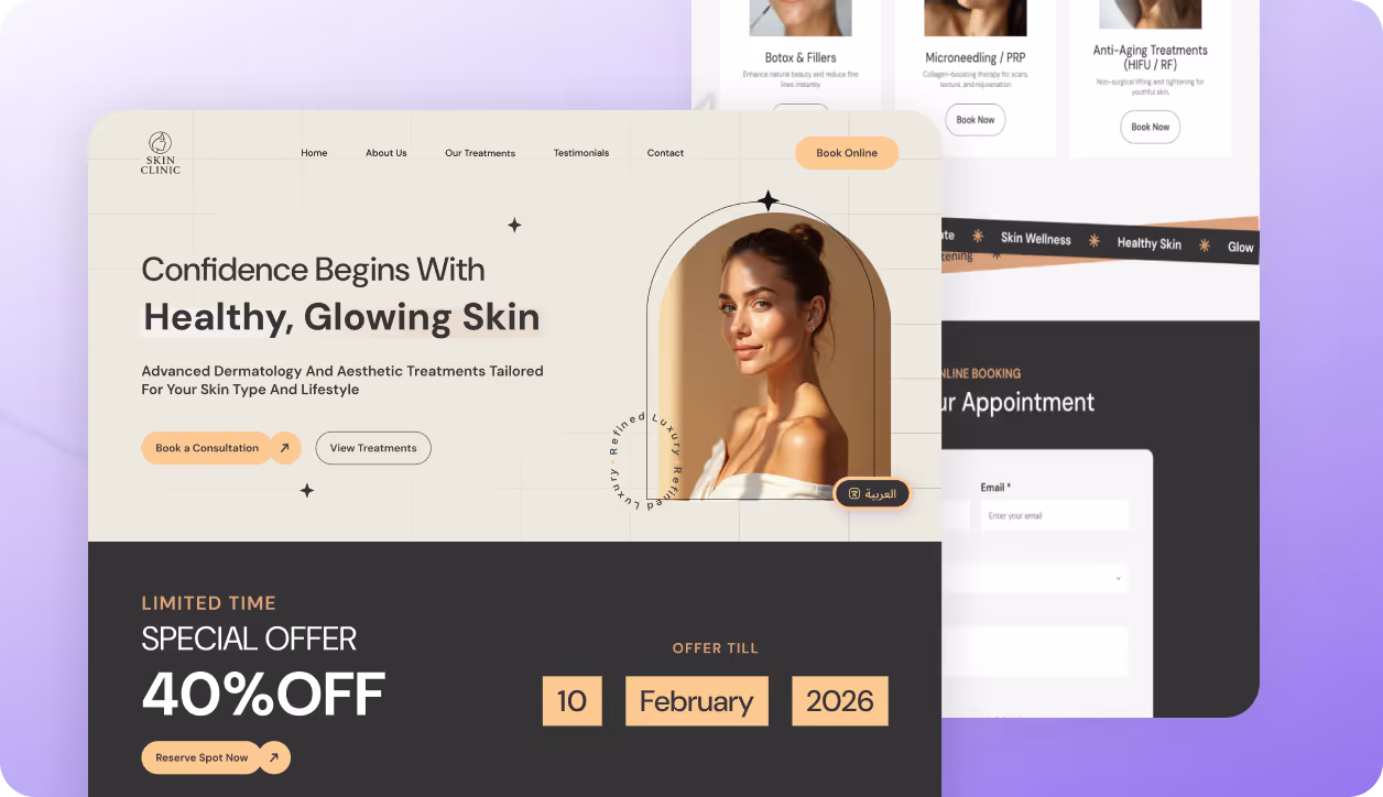 Website homepage for a skin clinic showing a woman with glowing skin, promotion for 40% off until February 10, 2026, and navigation menu with options like About Us and Our Treatments.