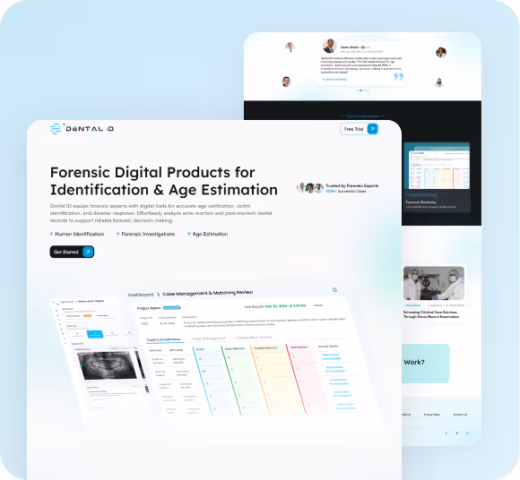 Webpage section for Dental ID showcasing forensic digital products for identification and age estimation with a dashboard of case management and matching results.