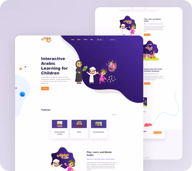 Website homepage for interactive Arabic learning for children featuring cartoon characters in traditional clothing, learning features, and education-themed icons on a purple and white background.
