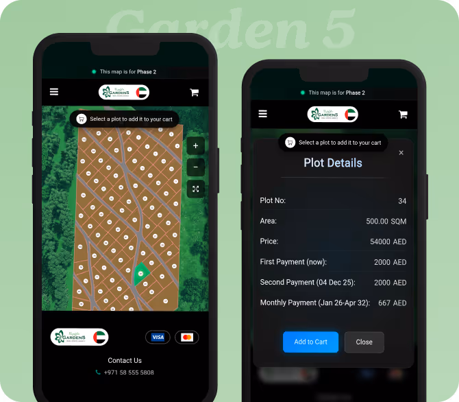 Two smartphone screens showing a garden plot selection app; the left screen displays a map with plots and the right screen shows details of plot 34 including area, price, and payment schedule.