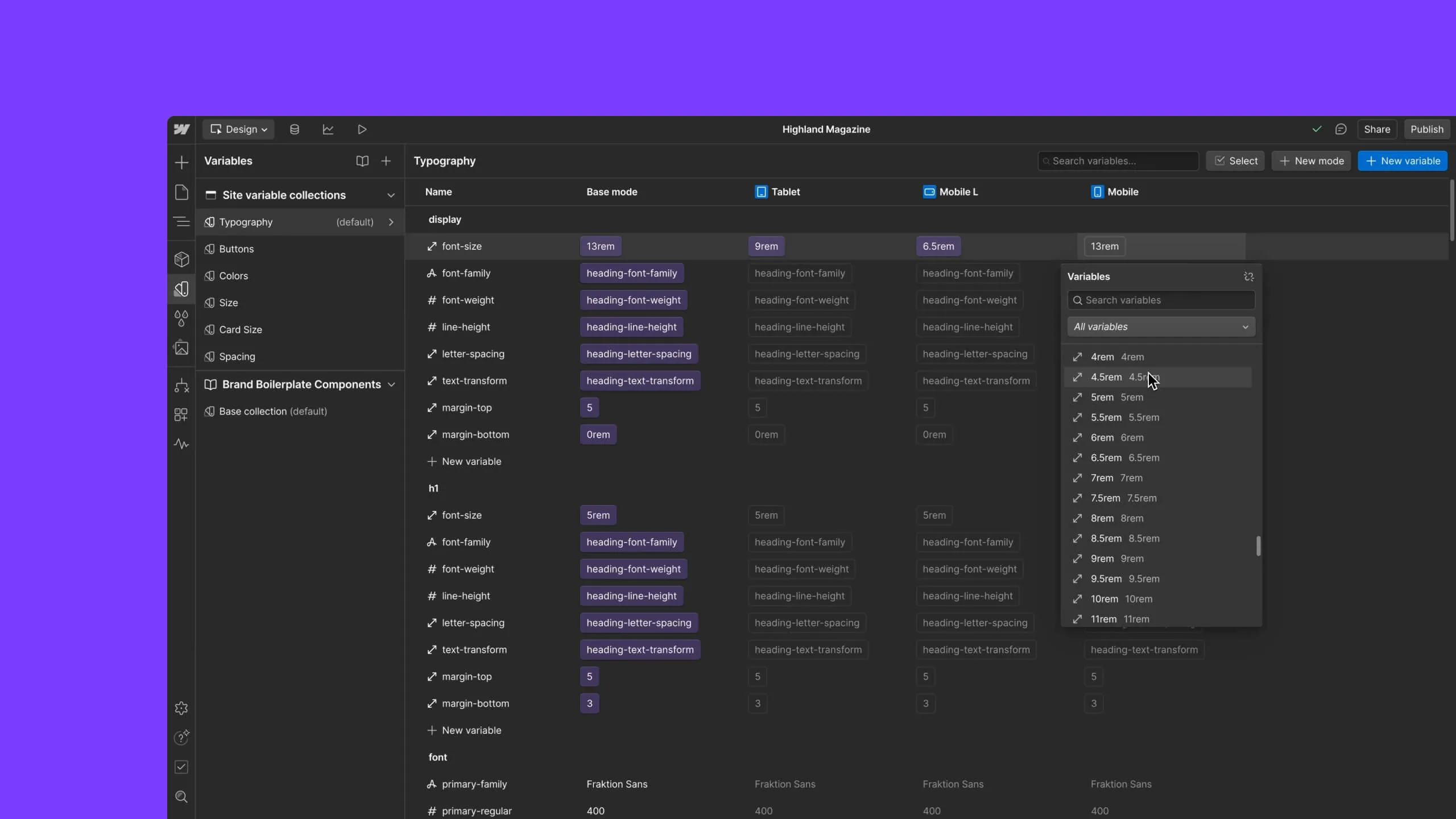 Design interface showing variables panel with typography settings for different screen modes and a dropdown list of rem values.