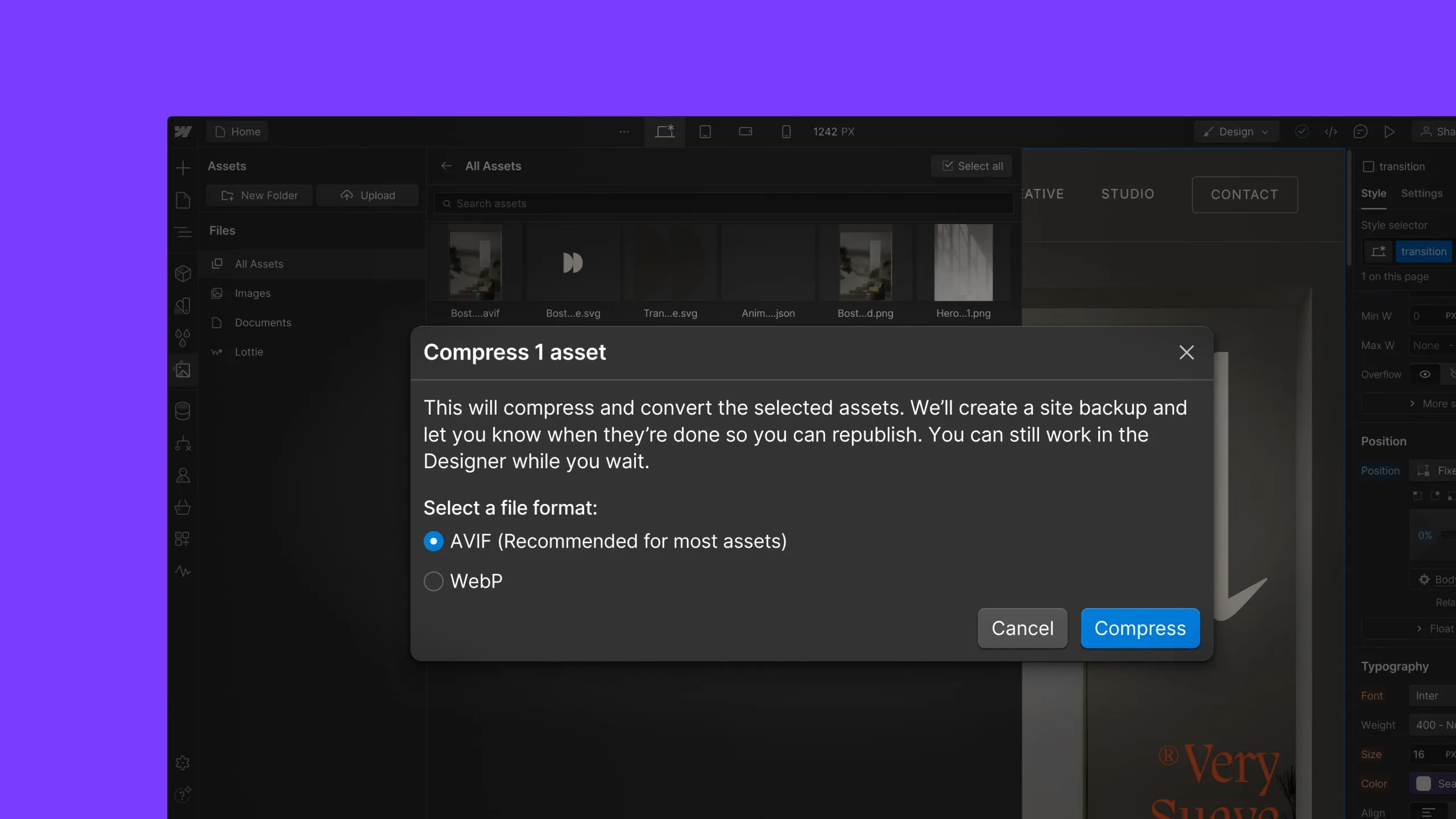Popup window titled 'Compress 1 asset' with options to select AVIF or WebP file formats, and buttons for Cancel and Compress.