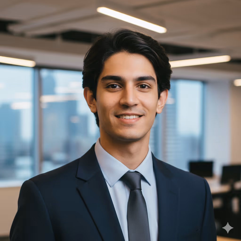 Young man in a dark suit and tie smiling in a modern office with cityscape windows behind him.