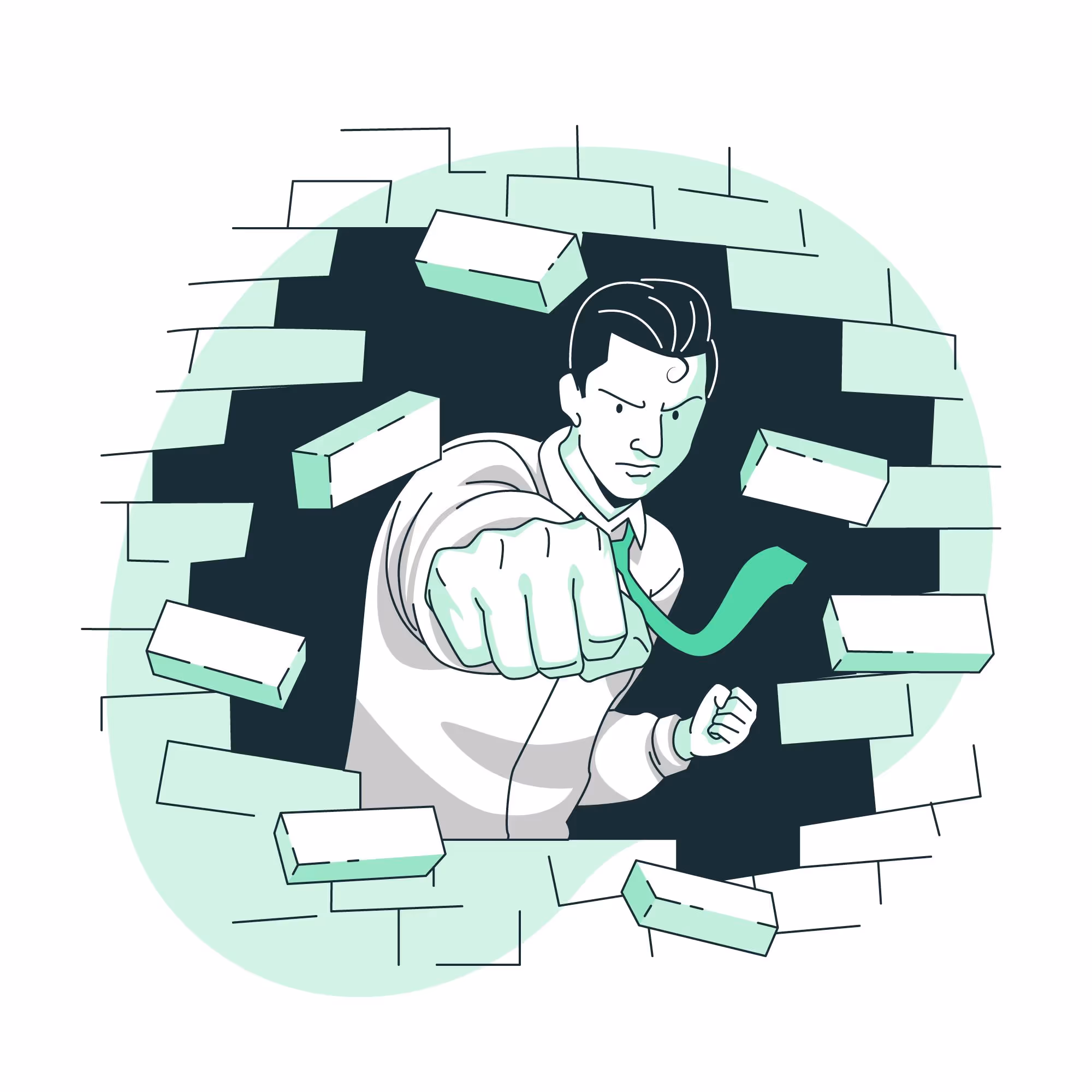 Illustration of a determined man punching through a brick wall with flying bricks around him.