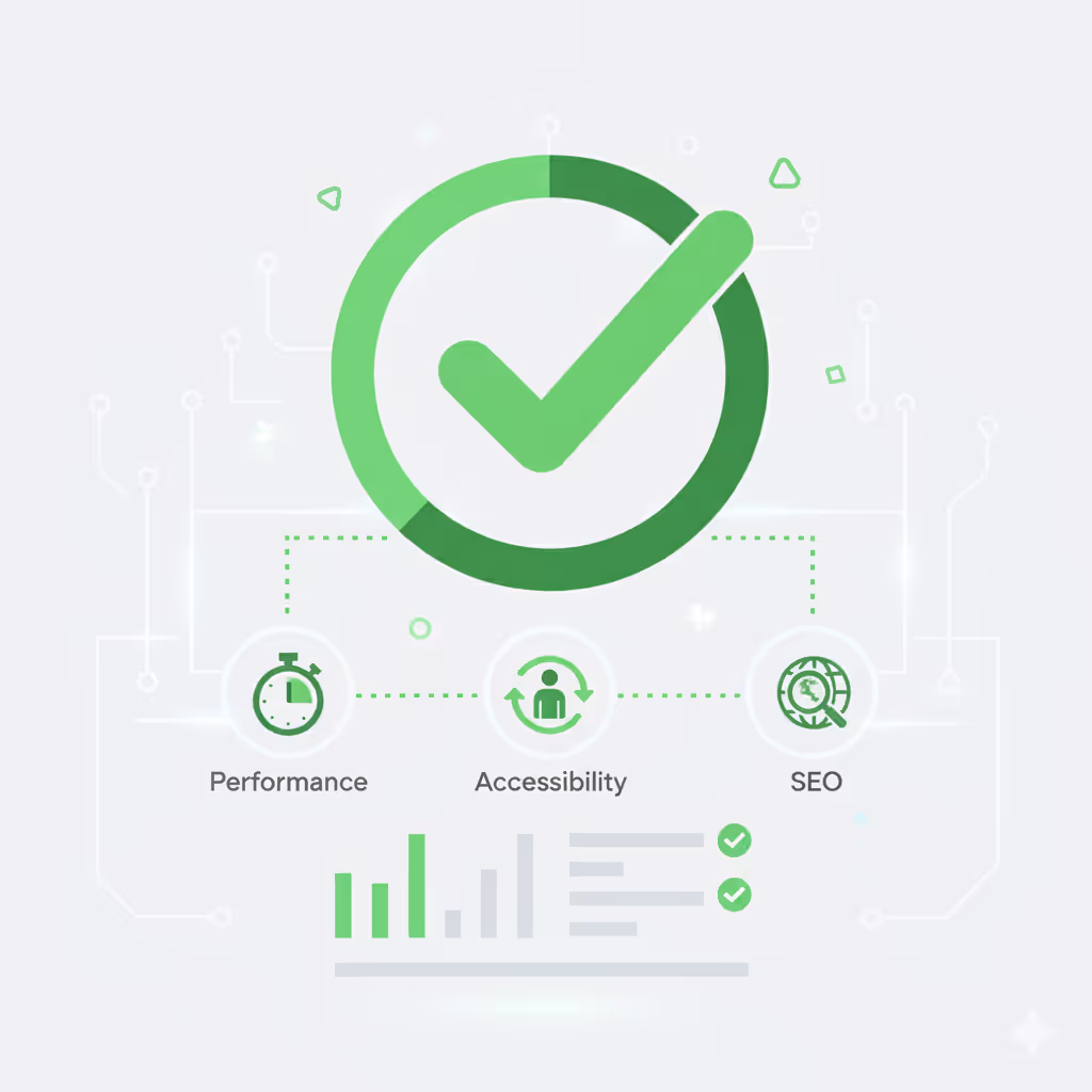 Green checkmark icon connected to icons for Performance, Accessibility, and SEO with a bar graph and checkmarks below.