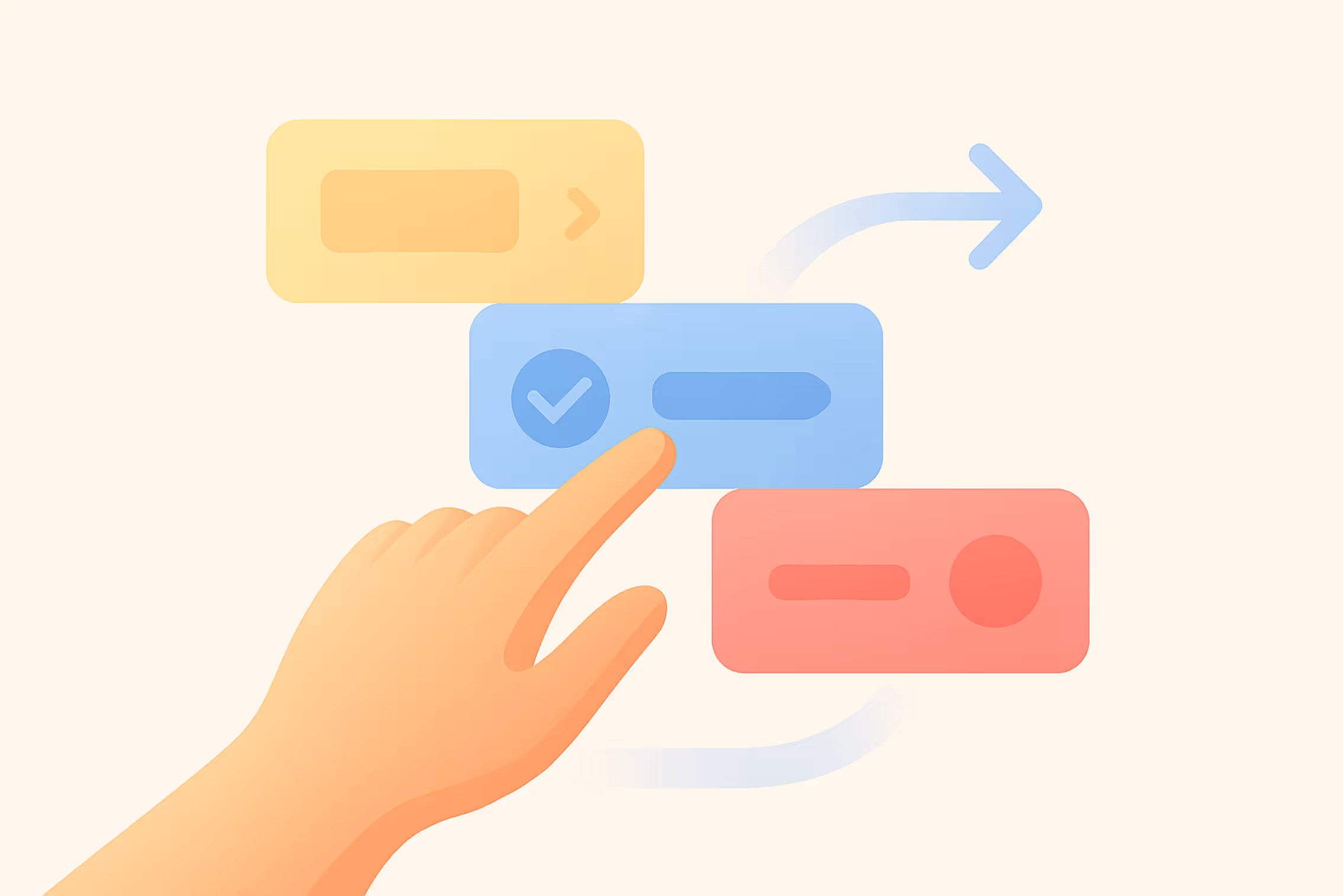 Illustration of a hand pointing to a blue checklist item with a checkmark, alongside yellow and red buttons and a blue arrow.