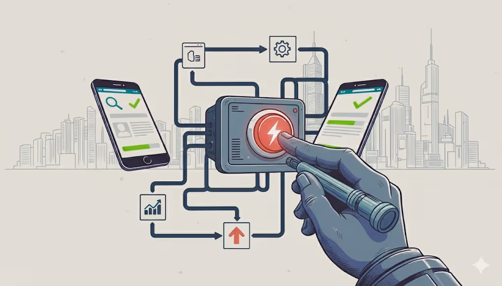 Illustration of a robotic hand pressing a red button surrounded by interconnected icons and two smartphones with checkmarks on their screens against a city skyline background.