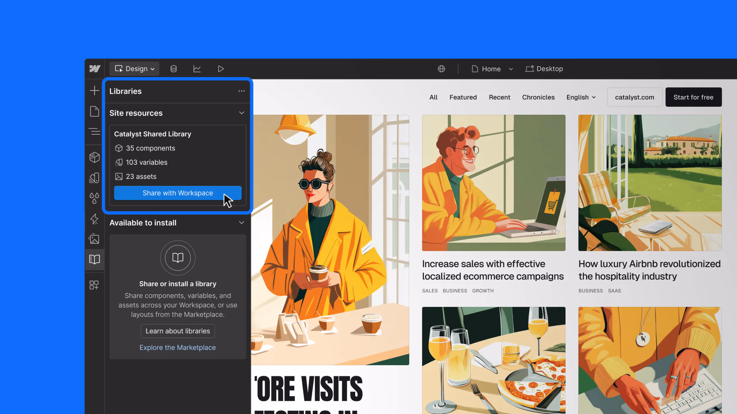 User interface showing a design workspace with a sidebar highlighting 'Catalyst Shared Library' containing 35 components, 103 variables, 23 assets, and a 'Share with Workspace' button being clicked.