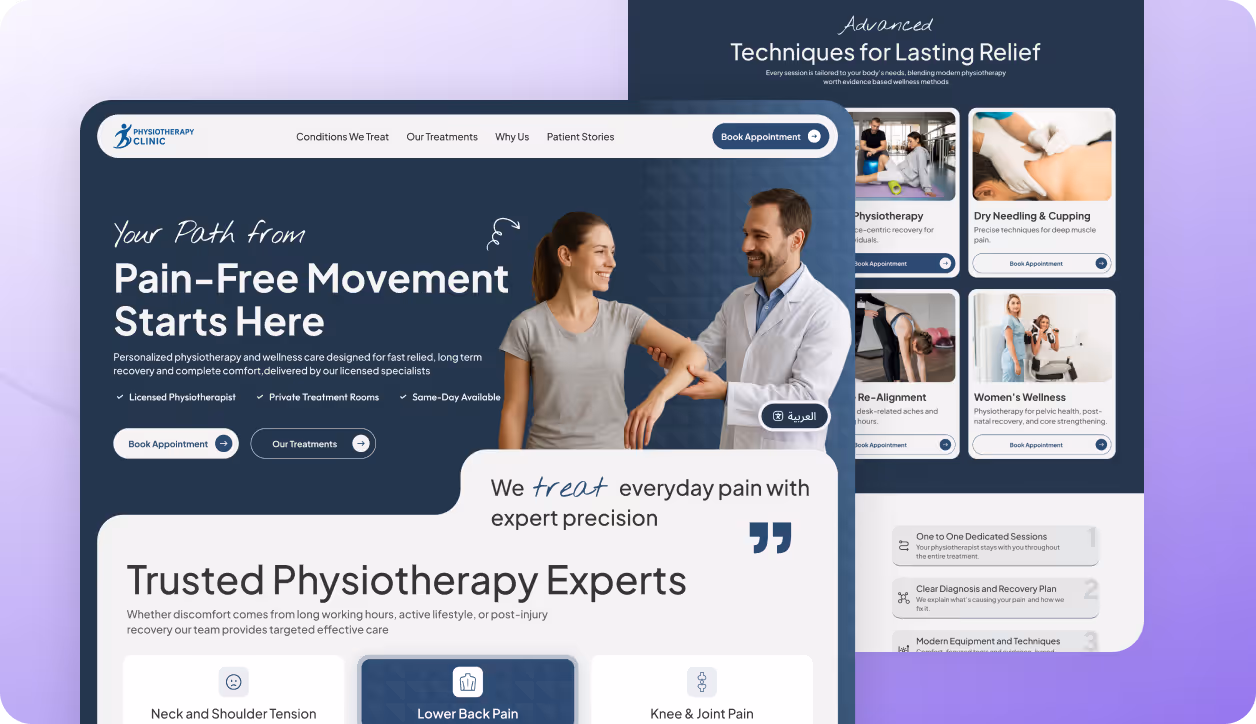 Physiotherapy clinic webpage showing a smiling therapist assisting a woman with arm movement and highlighting pain-free recovery services and treatments.